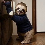 A cheerful toddler leans dramatically around a doorway like a tiny action hero, flashing a grin while balancing in a navy shirt and pale trousers on the wooden floor.