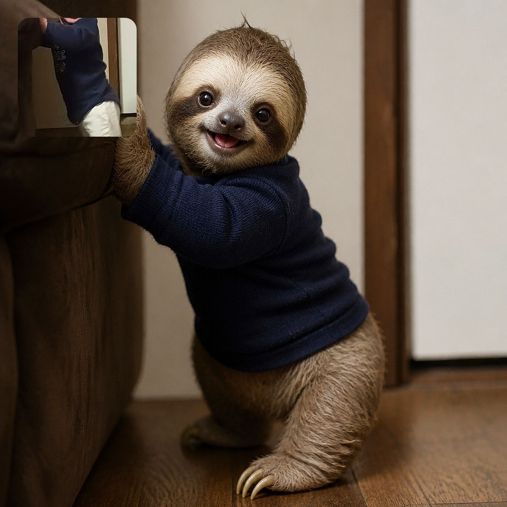 A cheerful toddler leans dramatically around a doorway like a tiny action hero, flashing a grin while balancing in a navy shirt and pale trousers on the wooden floor.