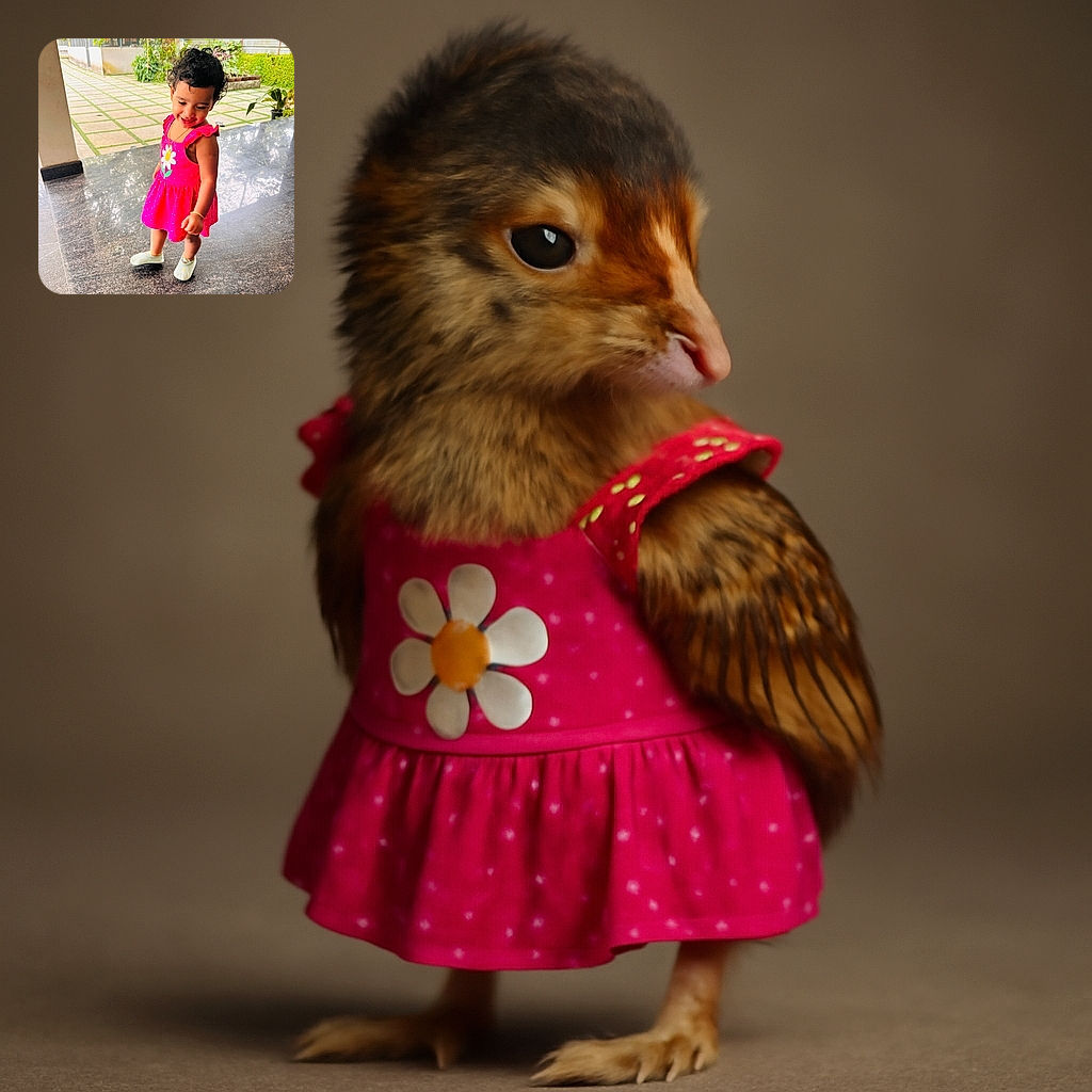 A cheerful toddler in a bright pink dress with a big daisy print is caught mid-step on a shiny marble floor, looking down with a shy smile while the background shows a lush garden and a sunlit patio.