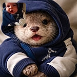 A cozy baby bundled up in a navy blue hoodie with a curious expression, looking like they're pondering the mysteries of the universe or just wondering what's for lunch.