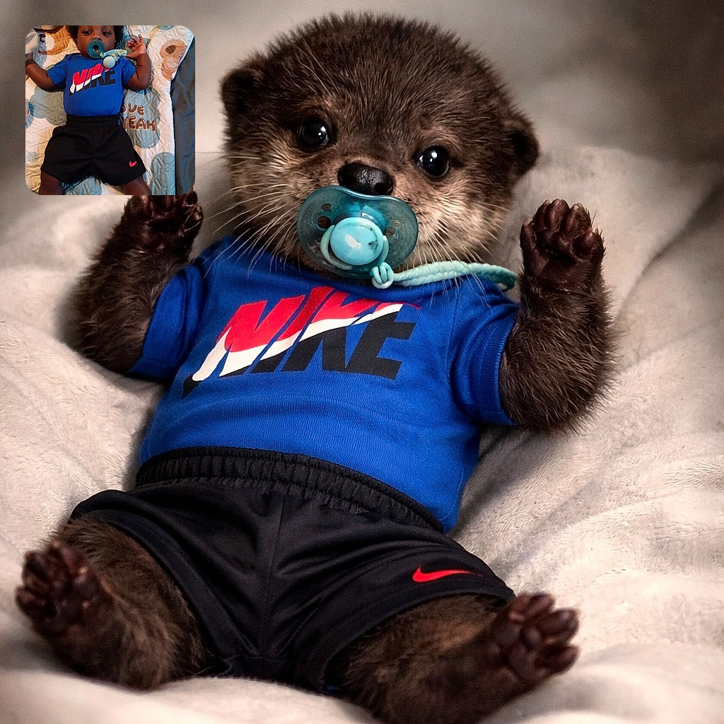 A cute baby lying on a patterned quilt, dressed in a blue Nike shirt and black shorts, with a pacifier in their mouth and socks on their feet, looking curiously at the camera.