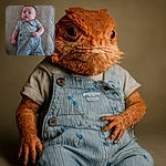 A chubby baby lying on a quilted mattress, dressed in striped overalls with anchor patterns, looking curiously at the camera with a slightly open mouth and relaxed posture.