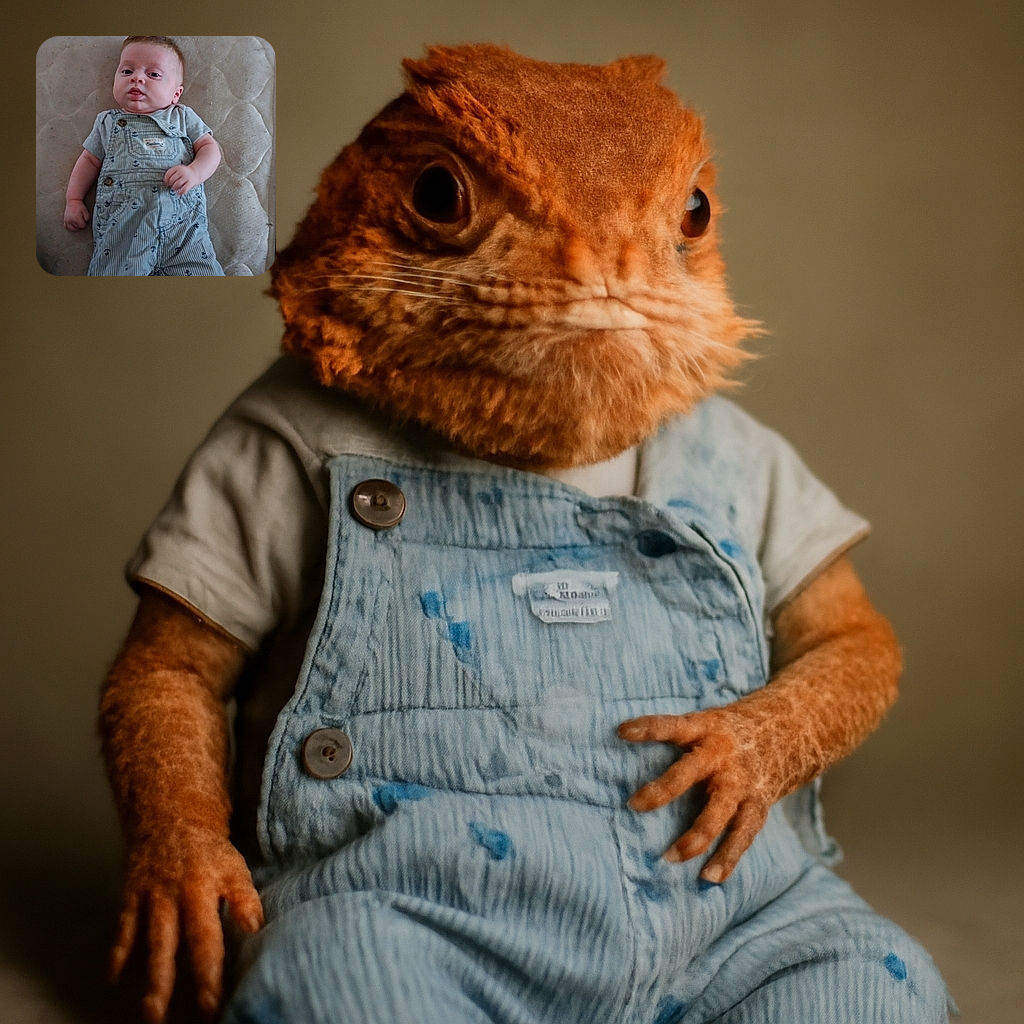 A chubby baby lying on a quilted mattress, dressed in striped overalls with anchor patterns, looking curiously at the camera with a slightly open mouth and relaxed posture.