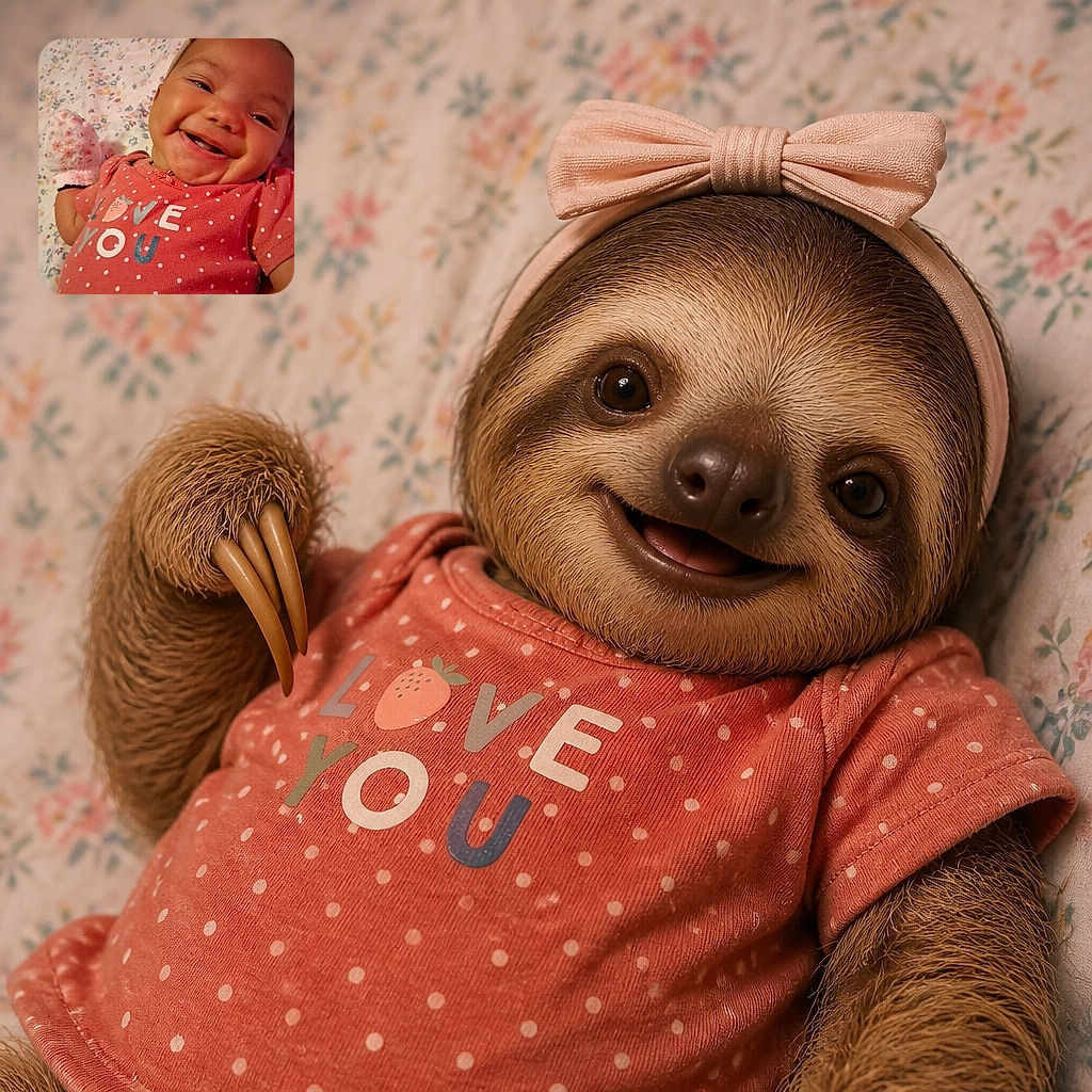 A delighted baby beams at the camera from a floral blanket, looking like a tiny comedian who just remembered the punchline. The polka-dot outfit and cozy pink surroundings add plenty of cheerful charm.