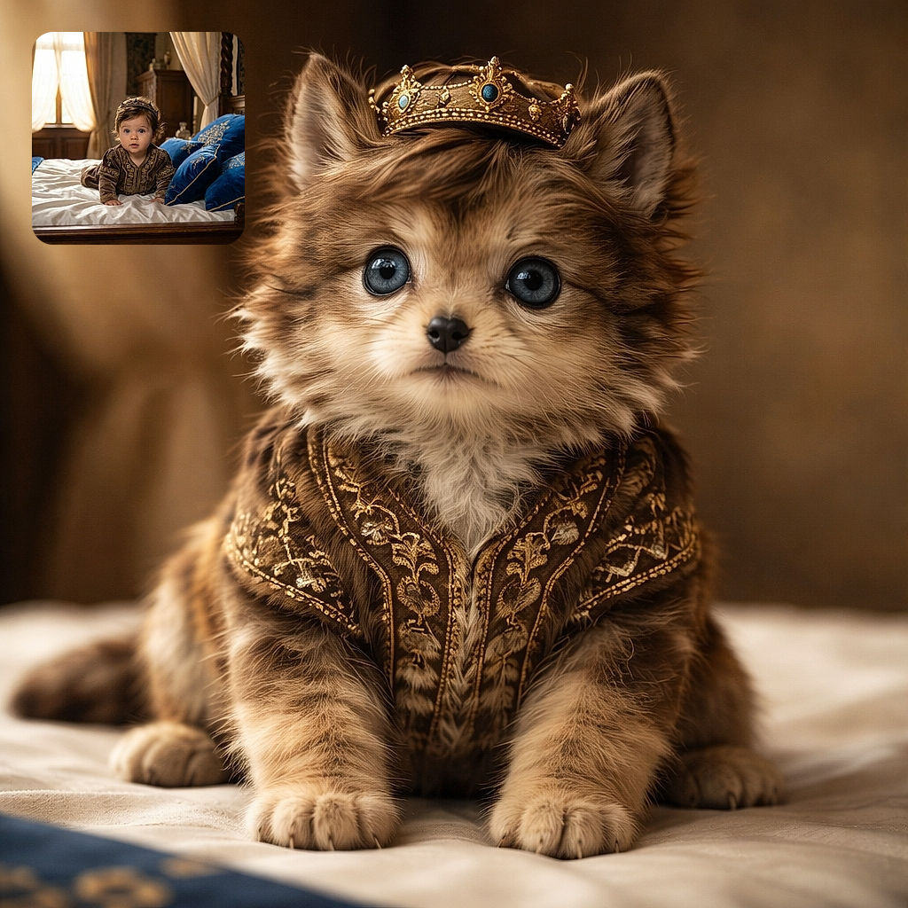 A royal little adventurer in a vintage room, sporting a tiny crown and ornate outfit, crawling on a grand bed with plush blue pillows, looking wide-eyed and curious as if plotting their next kingdom conquest.