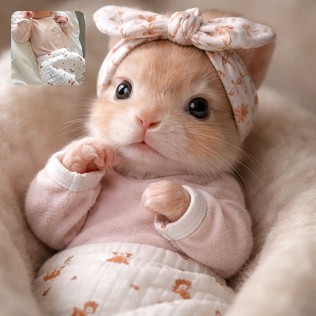 A tiny, wide-eyed newborn in a floral headband looks like a miniature philosopher plotting snack time — clutching a fist to the face and reclining in hospital linens with more style than most adults.