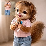 A cheerful little girl stands indoors, clutching a small plush toy with a big smile, dressed in a pink top with bows and blue jeans, looking like she's ready for an impromptu dance party.