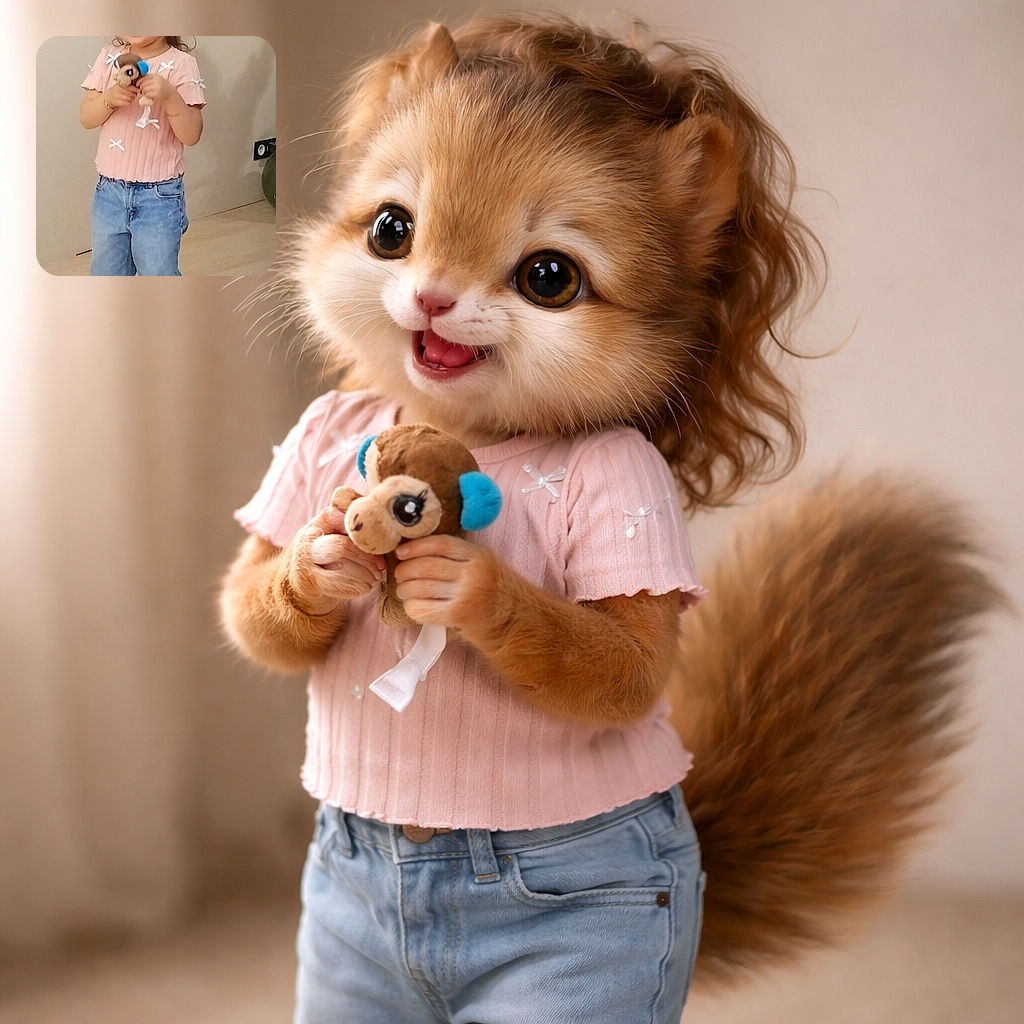 A cheerful little girl stands indoors, clutching a small plush toy with a big smile, dressed in a pink top with bows and blue jeans, looking like she's ready for an impromptu dance party.