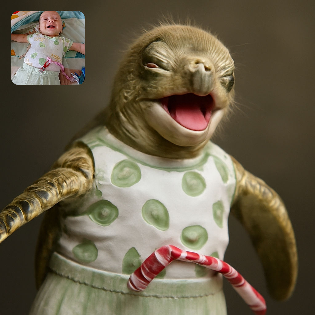 A joyful baby lying on a colorful patterned blanket, wearing a cute avocado-themed onesie and light green pants, smiling widely with arms outstretched, a pacifier clipped to the pants with a pink strap.
