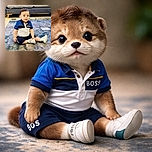 A cute toddler sitting on a patterned rug in a cozy living room, wearing a stylish blue and white outfit with matching shoes, looking curiously at the camera with wide eyes and a slight smile.