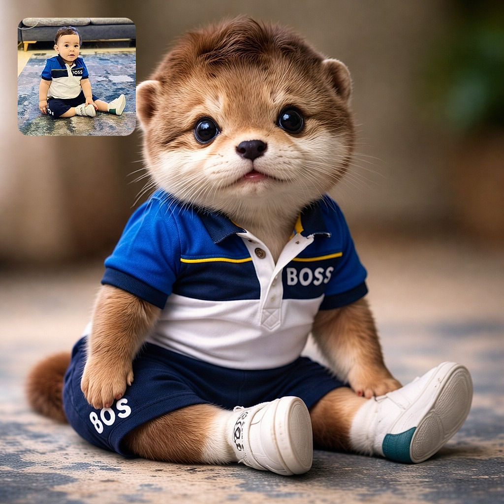 A cute toddler sitting on a patterned rug in a cozy living room, wearing a stylish blue and white outfit with matching shoes, looking curiously at the camera with wide eyes and a slight smile.