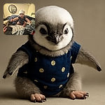 A curious baby wearing a white hat and a navy onesie with colorful dots is sitting on a bed surrounded by cozy blankets and clothes, reaching out with both arms as if ready to grab the camera or a nearby toy. The background features a round mirror and a shelf with various small figurines, adding a homey touch to the scene.