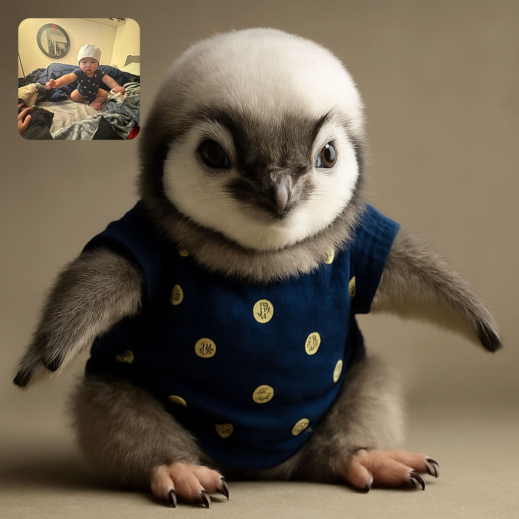 A curious baby wearing a white hat and a navy onesie with colorful dots is sitting on a bed surrounded by cozy blankets and clothes, reaching out with both arms as if ready to grab the camera or a nearby toy. The background features a round mirror and a shelf with various small figurines, adding a homey touch to the scene.