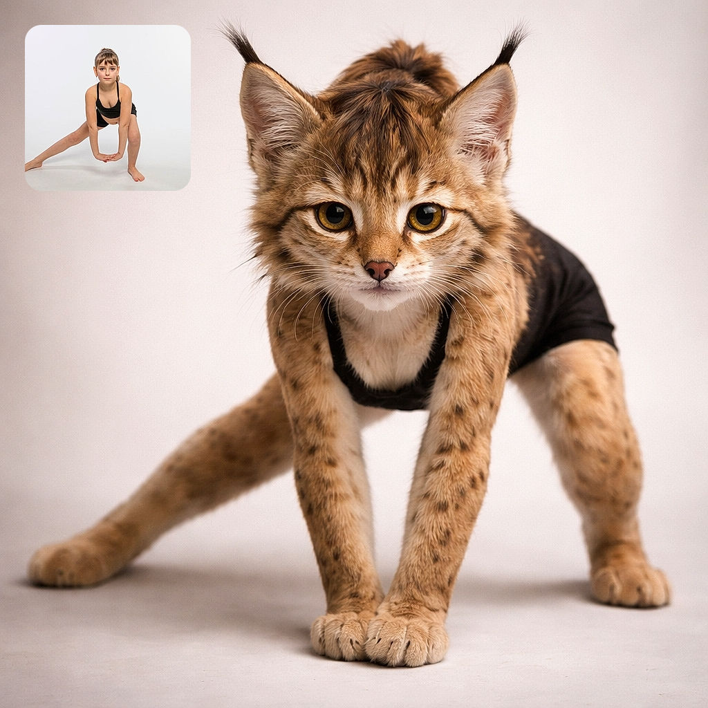 A young girl in black athletic wear strikes a deep side lunge stretch on a clean white background, showing determination and focus with hands clasped together and eyes locked on the camera.
