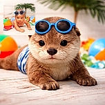 A cute baby wearing oversized blue sunglasses is lying on their tummy on a wooden floor, surrounded by colorful beach balls and tropical decor, giving off major summer vibes with a serious yet adorable expression.
