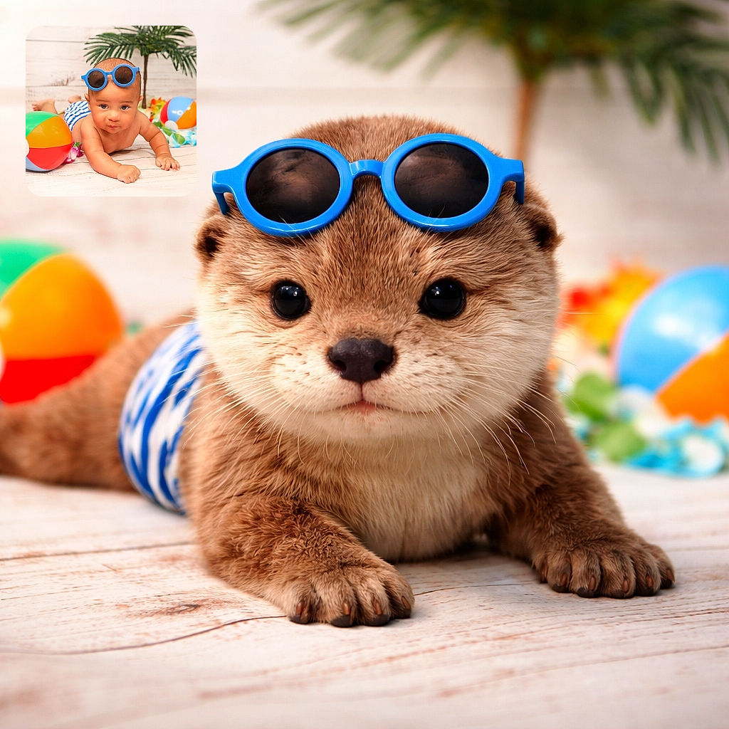 A cute baby wearing oversized blue sunglasses is lying on their tummy on a wooden floor, surrounded by colorful beach balls and tropical decor, giving off major summer vibes with a serious yet adorable expression.