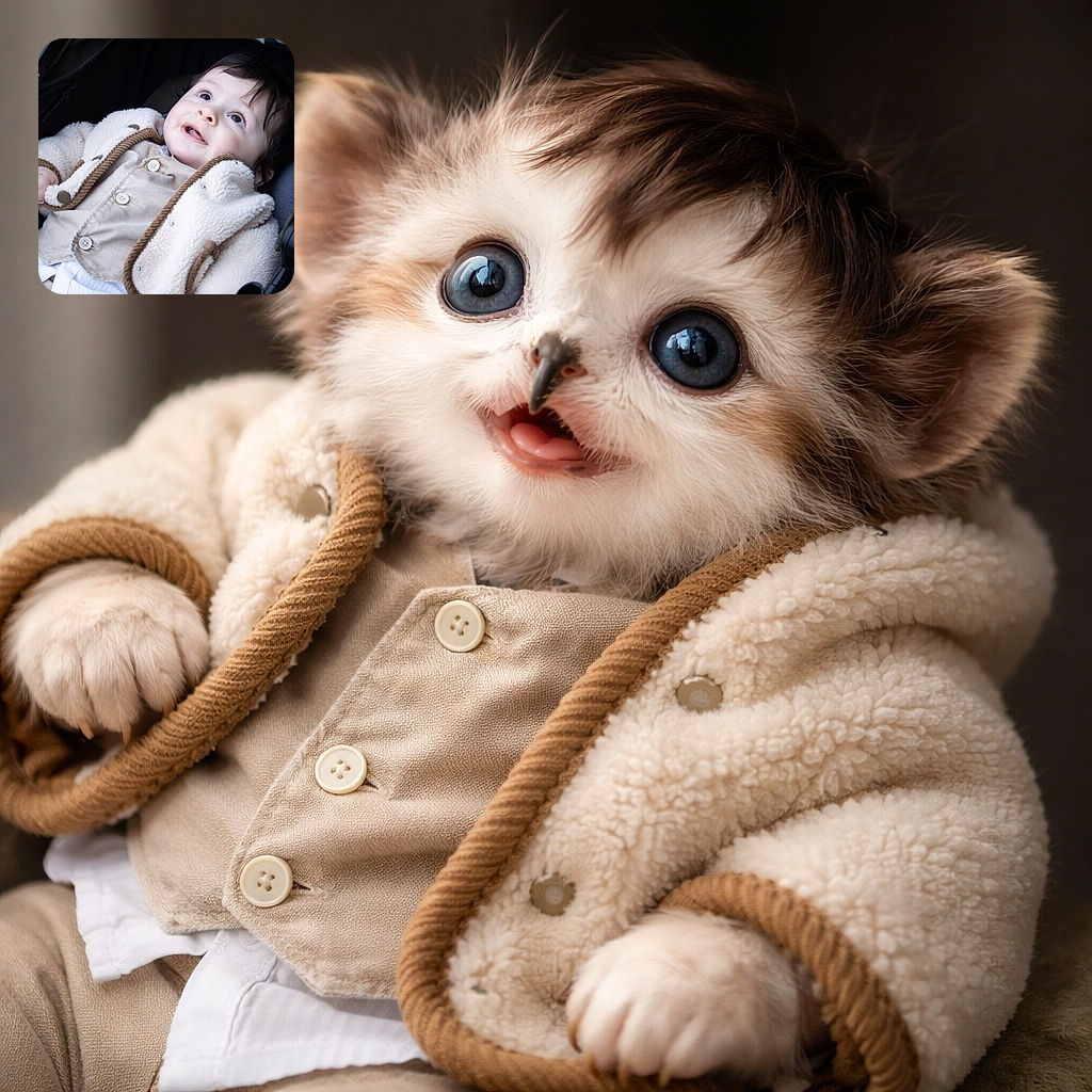 A cheerful baby bundled up in a cozy cream and brown jacket, lying comfortably in a stroller, gazing upwards with wide, curious eyes and a tiny smile that promises adorable mischief.