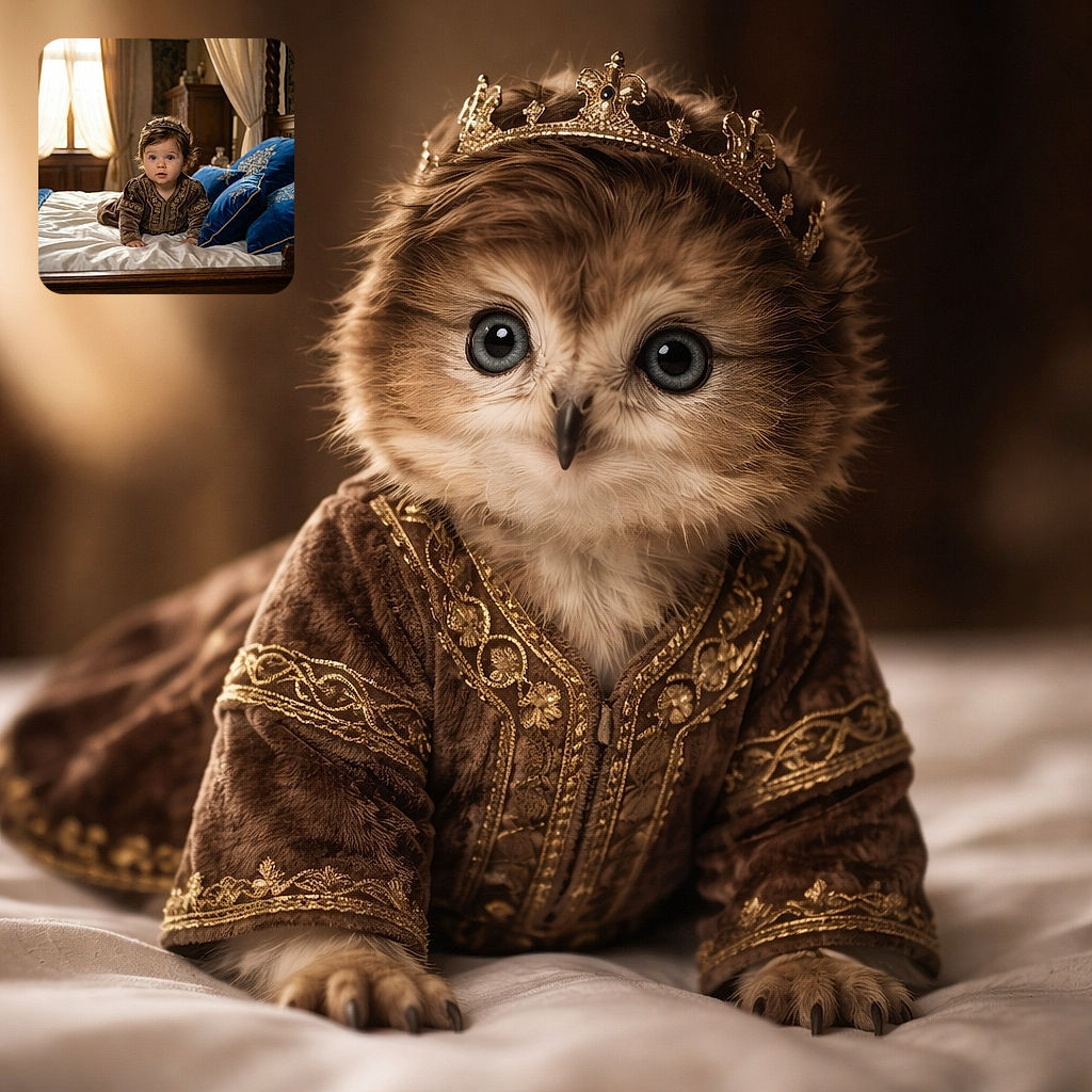 A royal little adventurer in a vintage room, sporting a tiny crown and ornate outfit, crawling on a grand bed with plush blue pillows, looking wide-eyed and curious as if plotting their next kingdom conquest.