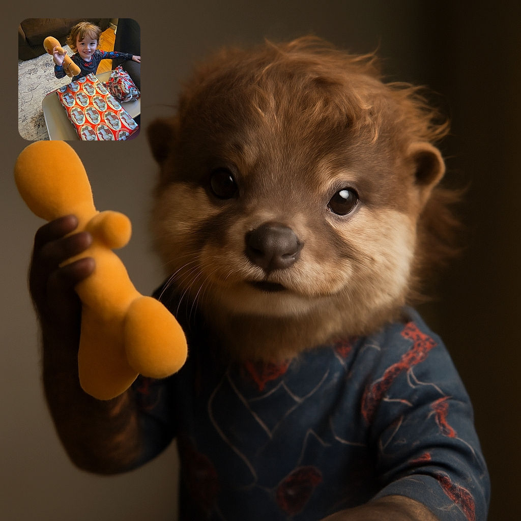 A cheerful young child with curly hair wearing a Spiderman-themed outfit is holding up a plush toy while standing next to a table with Christmas-themed wrapped presents, radiating holiday excitement in a cozy living room setting.