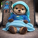 A happy baby lounging on a textured outdoor chair, wearing a bright blue hat and matching shirt, wrapped in a soft blue towel, with a playful smirk and tiny hands gesturing like a future comedian.