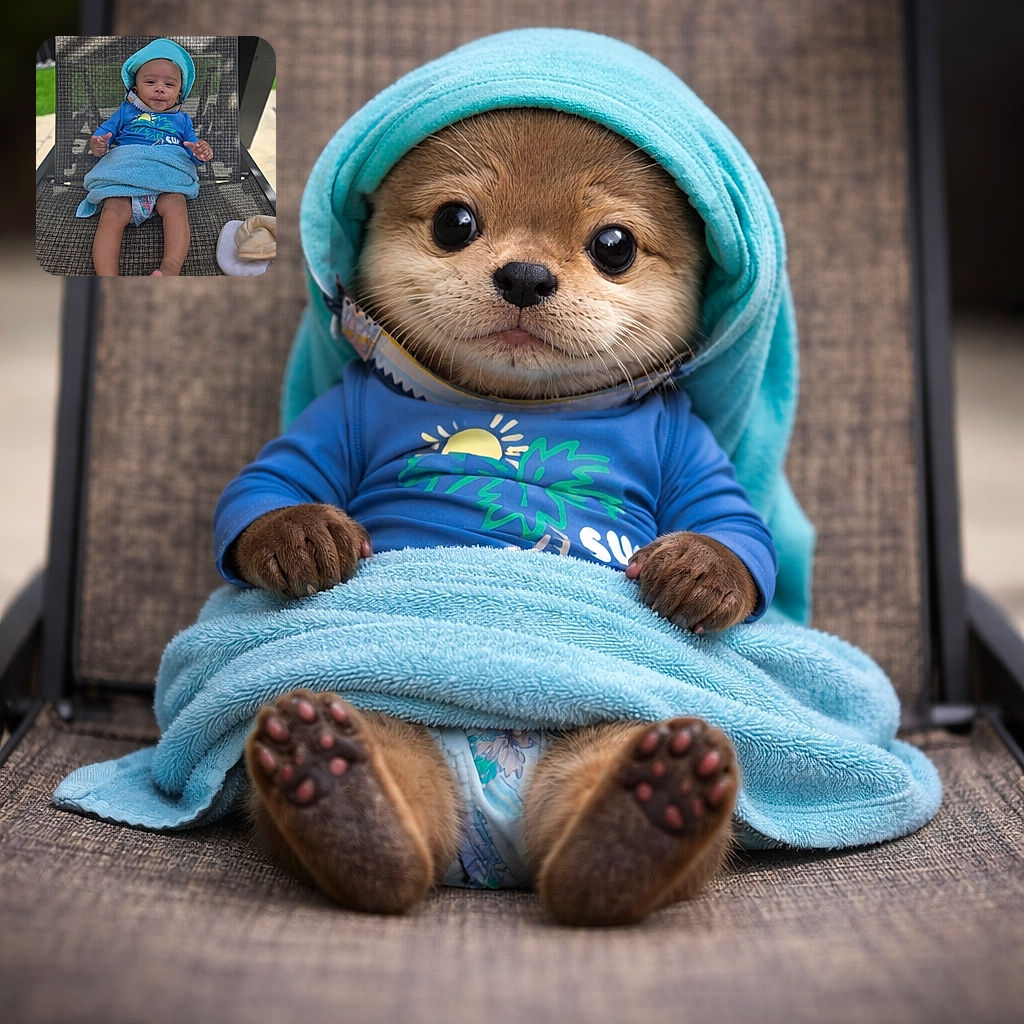 A happy baby lounging on a textured outdoor chair, wearing a bright blue hat and matching shirt, wrapped in a soft blue towel, with a playful smirk and tiny hands gesturing like a future comedian.
