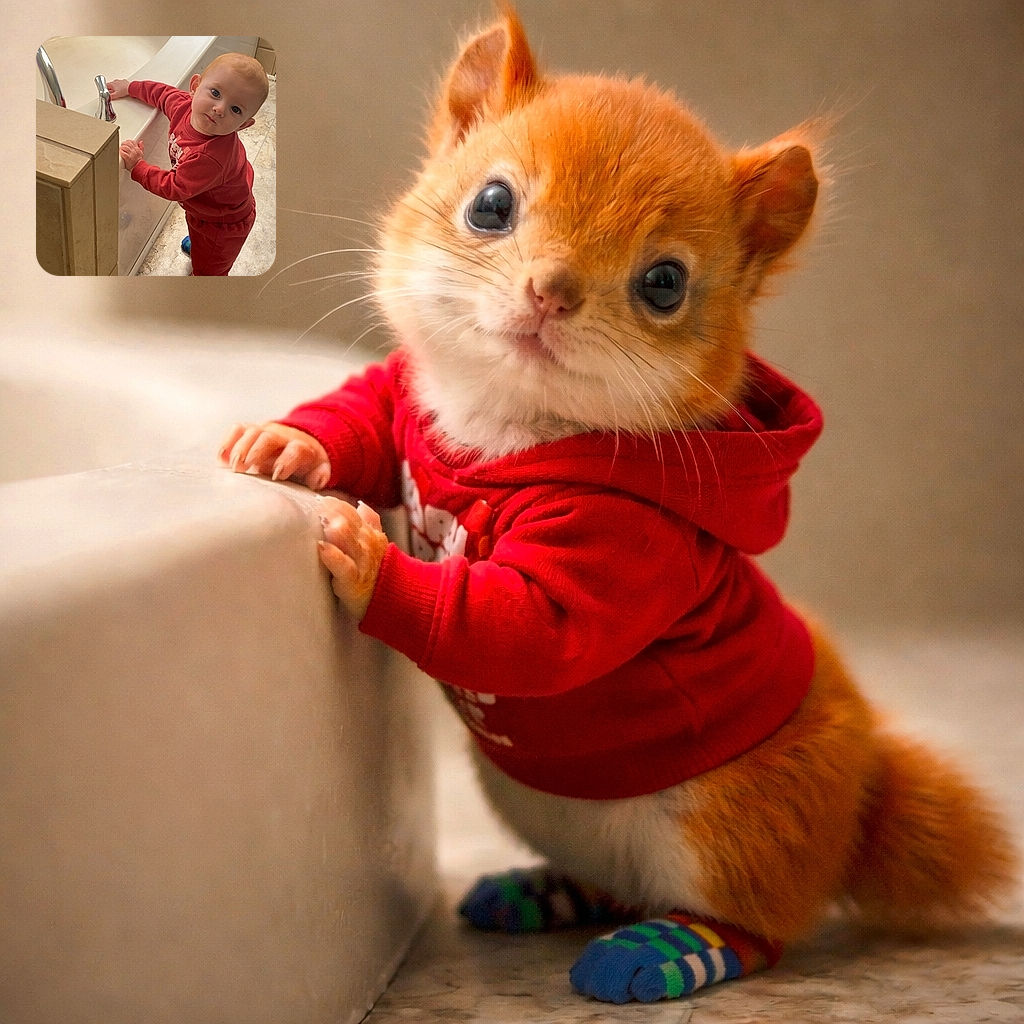 A curious toddler in a red outfit stands gripping the edge of a bathtub, looking up with wide eyes and an inquisitive expression, ready to explore the bathroom world.