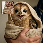 A joyful baby wrapped snugly in a beige towel, smiling brightly while being held securely by an adult with a hairy arm, set against a plain white background.