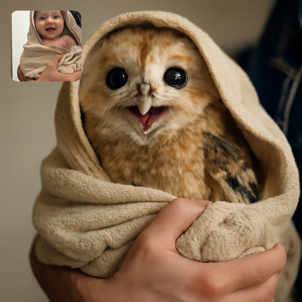 A joyful baby wrapped snugly in a beige towel, smiling brightly while being held securely by an adult with a hairy arm, set against a plain white background.