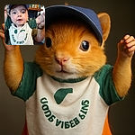 A wide-eyed baby wearing a cap and a 'Good Vibes Only' shirt is being held up enthusiastically, with a bit of drool adding to the charm. The background shows a cozy room with books and decorations, capturing a candid moment of joy and curiosity.