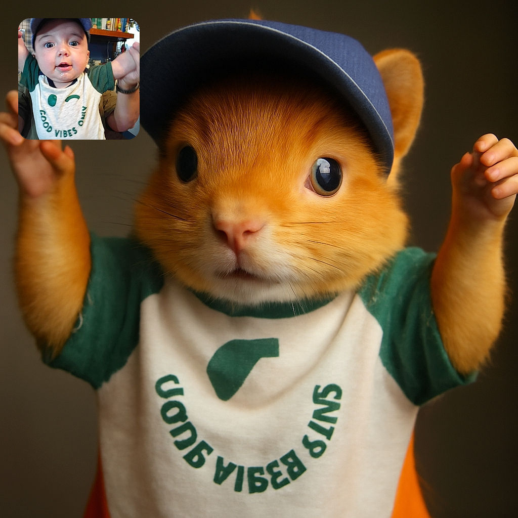 A wide-eyed baby wearing a cap and a 'Good Vibes Only' shirt is being held up enthusiastically, with a bit of drool adding to the charm. The background shows a cozy room with books and decorations, capturing a candid moment of joy and curiosity.