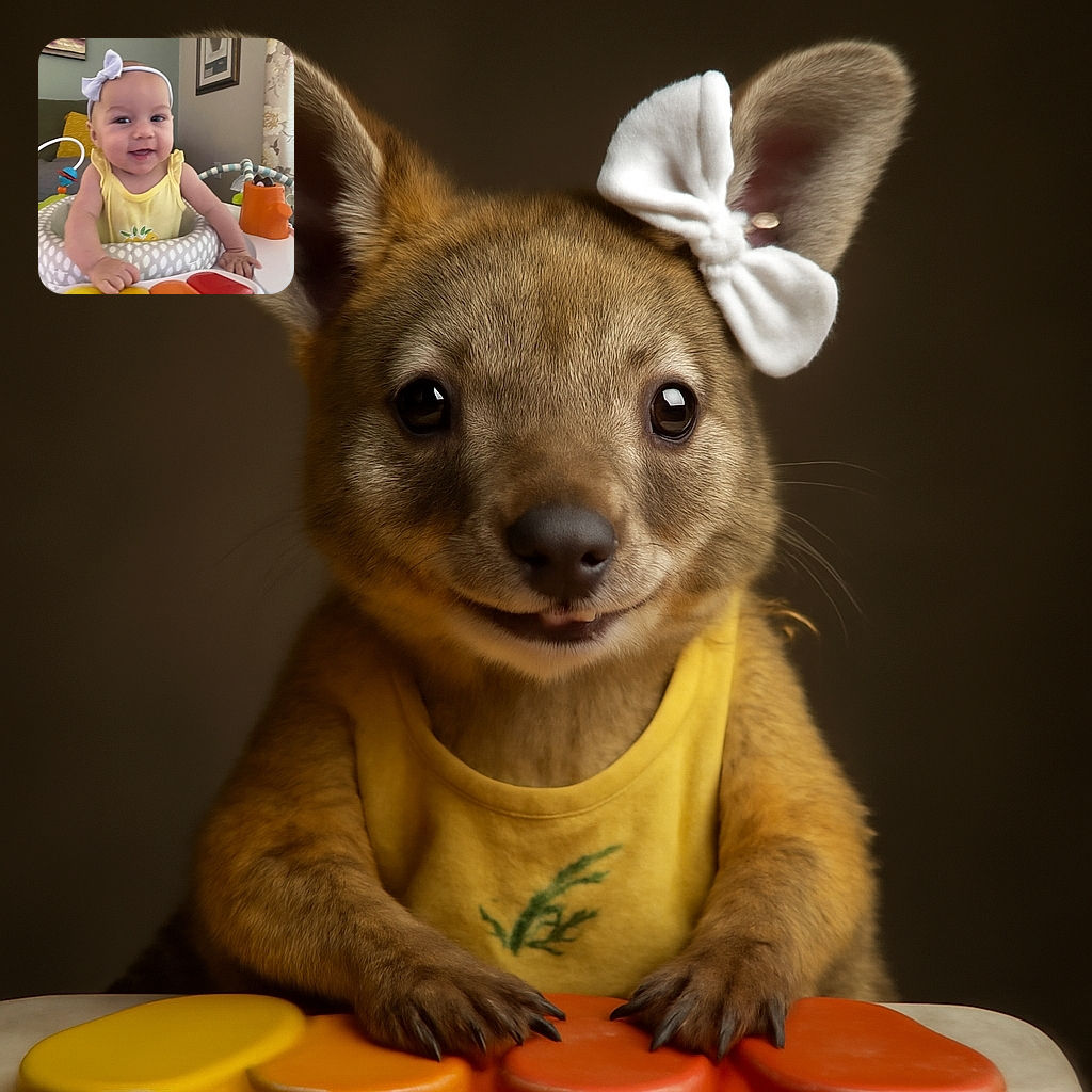 A joyful baby girl with a white bow headband and yellow outfit smiles brightly while playing on a colorful toy piano in a cozy living room setting with framed art and floral curtains in the background.
