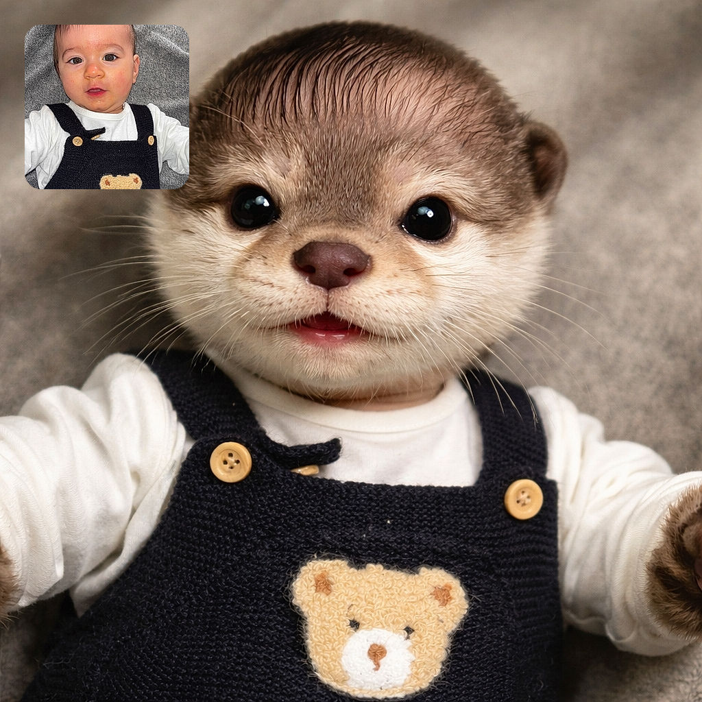 A wide-eyed baby is lying on a soft gray blanket, staring curiously at the camera with shiny hair neatly combed to the side and a tiny open mouth — rocking a black knitted overall with a fluffy teddy-bear patch and wooden buttons. The flash highlights rosy cheeks and dewy skin, turning this close-up into an irresistible baby portrait.