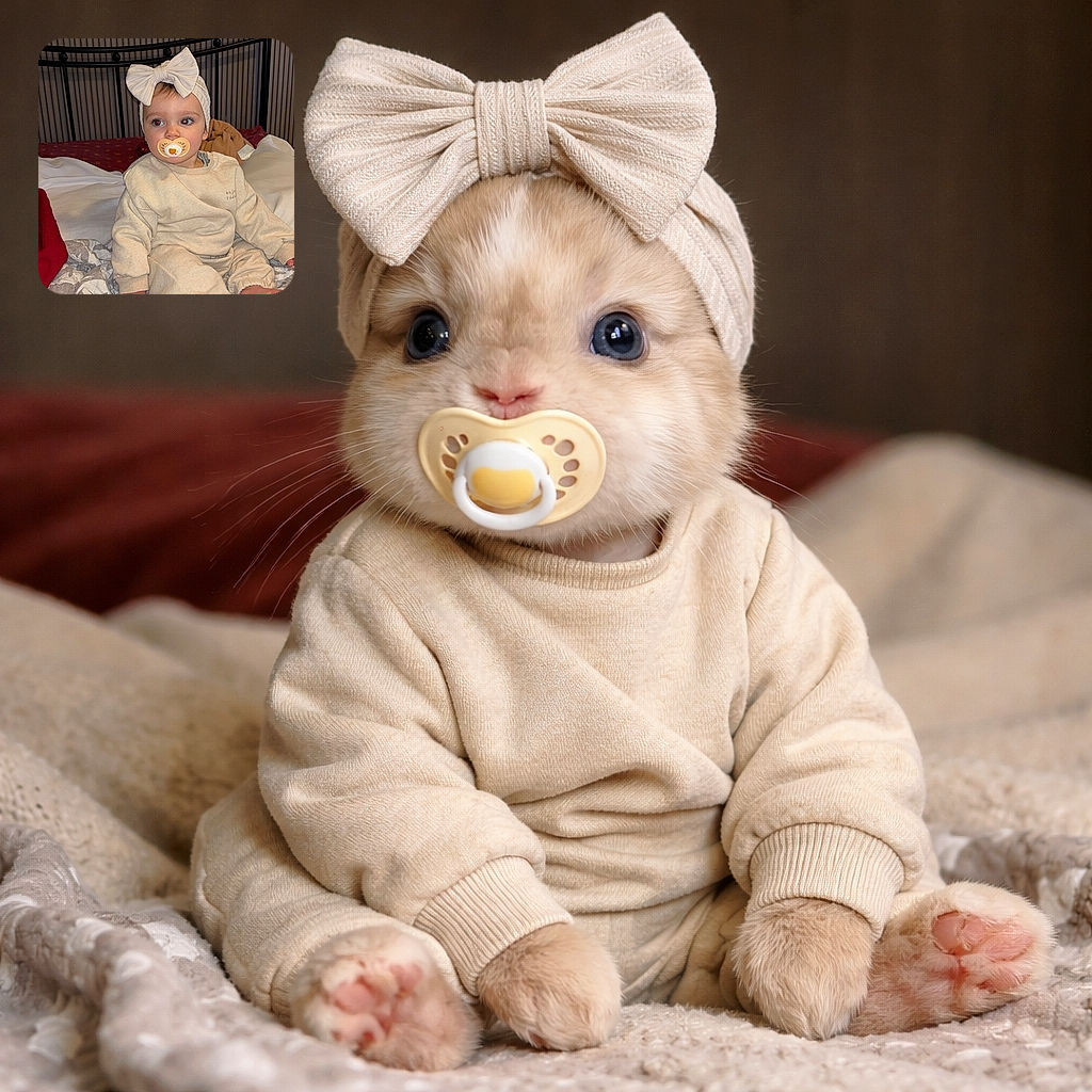 A tiny monarch of nap-time sits on a rumpled bed, wearing a comically large bow as a crown and clutching a pacifier like a royal scepter — background shows a striped headboard and cozy blankets while one chubby foot proudly announces ‘I run this bed.’