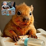 A messy baby with spaghetti sauce all over their face and chest sits in a high chair, surrounded by a chaotic scene of food splatters and a tipped-over baby bottle, looking curiously at something off-camera.
