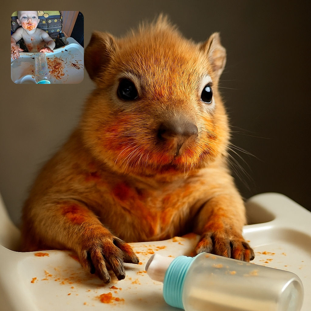 A messy baby with spaghetti sauce all over their face and chest sits in a high chair, surrounded by a chaotic scene of food splatters and a tipped-over baby bottle, looking curiously at something off-camera.