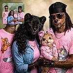 A happy, coordinated family portrait — two adults, a young man and an absolutely adorable baby with a ribboned bow — all smiling in matching pink Tom & Jerry shirts against a soft green studio backdrop. The baby looks like the tiny boss of the photoshoot while everyone else acts like supportive backup dancers.