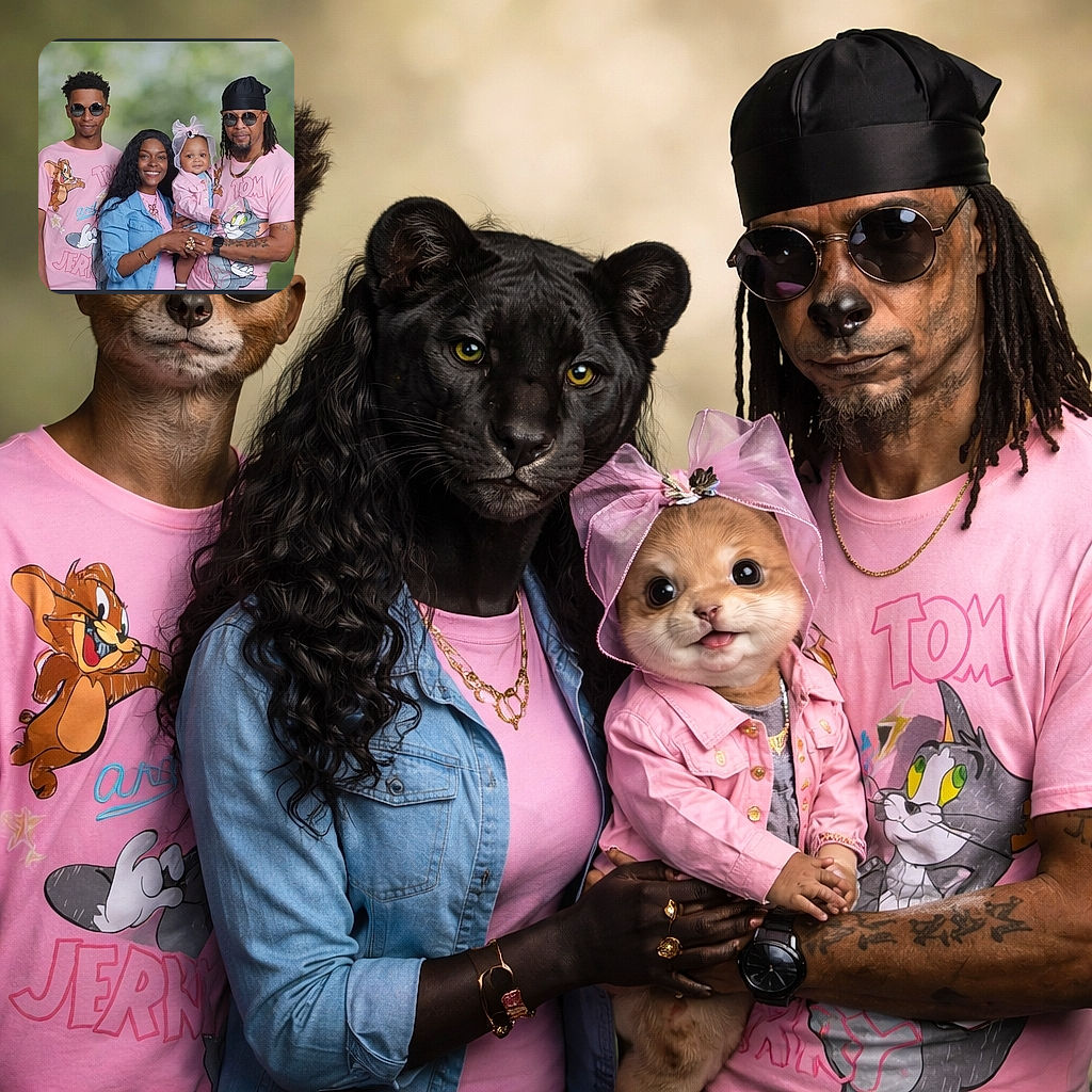 A happy, coordinated family portrait — two adults, a young man and an absolutely adorable baby with a ribboned bow — all smiling in matching pink Tom & Jerry shirts against a soft green studio backdrop. The baby looks like the tiny boss of the photoshoot while everyone else acts like supportive backup dancers.