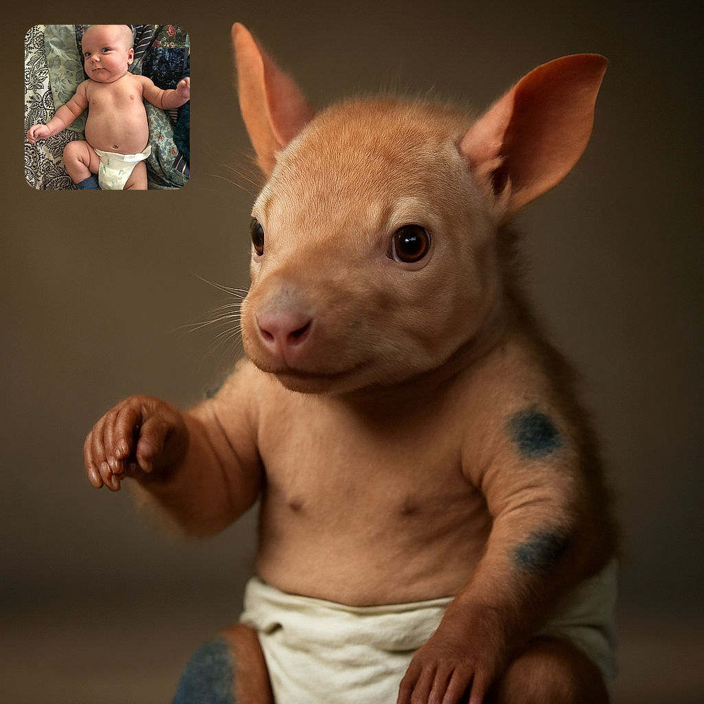 A chubby baby with a curious expression lies on a patterned quilt, wearing only a diaper and a single blue sock, looking like they're plotting their next adorable mischief.
