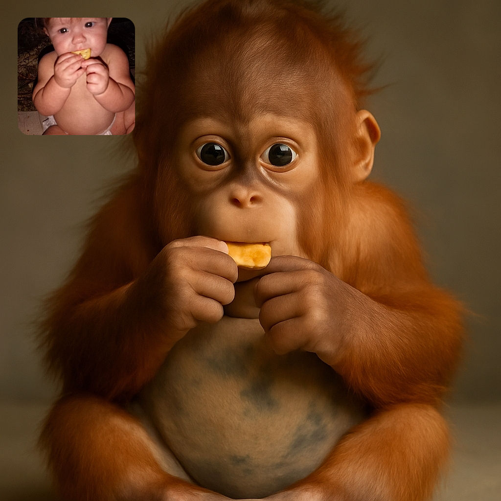 A chubby baby in a diaper is sitting and munching on a cracker, with a slightly blurry and dimly lit background that hints at a cozy indoor setting.