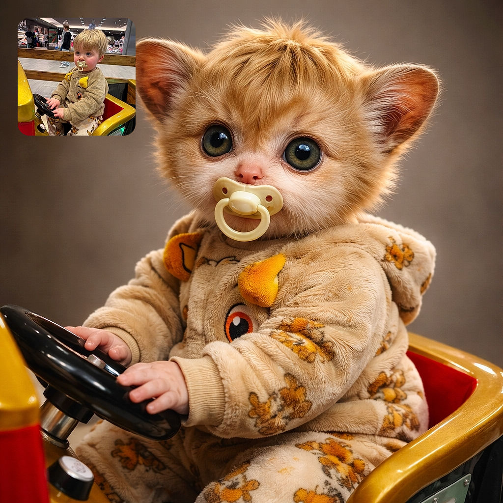 A cute blond toddler with a pacifier is sitting in a toy car, gripping the steering wheel with a focused expression. The child is dressed in cozy, animal-themed pajamas and a plush sweater, while the background shows a busy shopping mall with blurred shoppers and store displays.