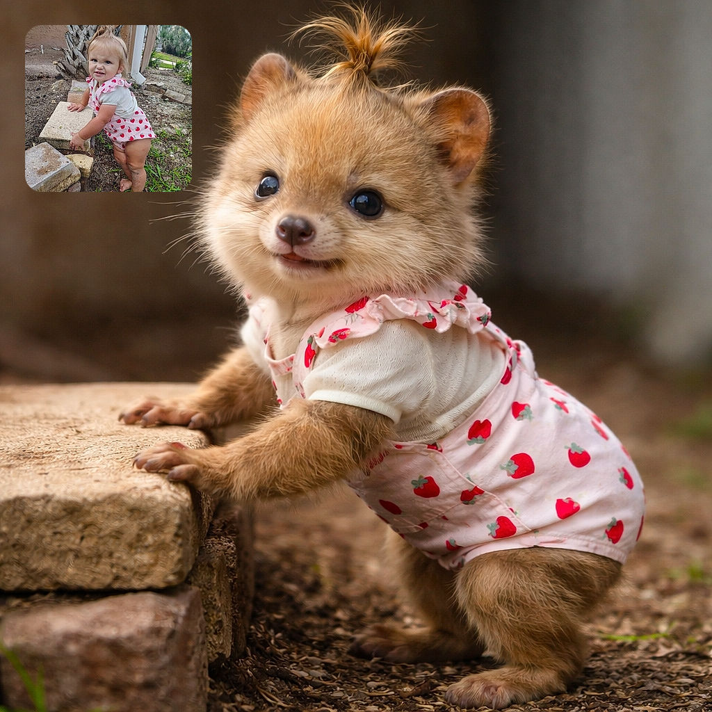A cheeky toddler sporting a strawberry-themed romper stands barefoot in a garden, gripping a concrete block with a playful yet determined expression, dirt smudging her legs as she embarks on her outdoor adventure.