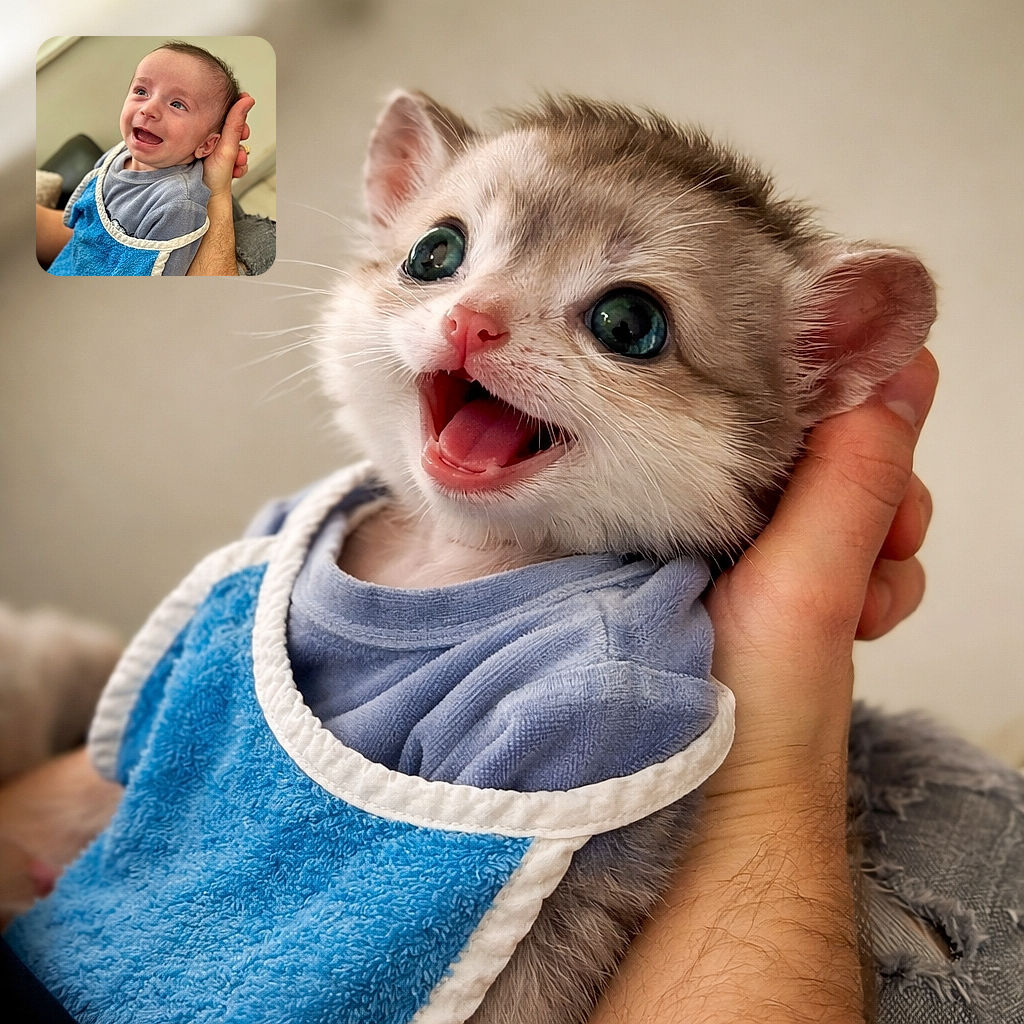 A delighted baby mid-giggle, eyes wide and mouth open as if telling the world's tiniest joke, cradled by a supportive adult hand and wearing a bright blue bib that steals half the spotlight.