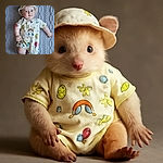 A chubby-cheeked baby lies on a knitted blanket, wearing a whimsical outfit covered in smiling suns, rainbows, and stars, topped with a matching sun-patterned bucket hat. The baby gazes curiously at the camera with bright eyes and a gentle smile, radiating pure adorableness in a cozy, colorful setting.