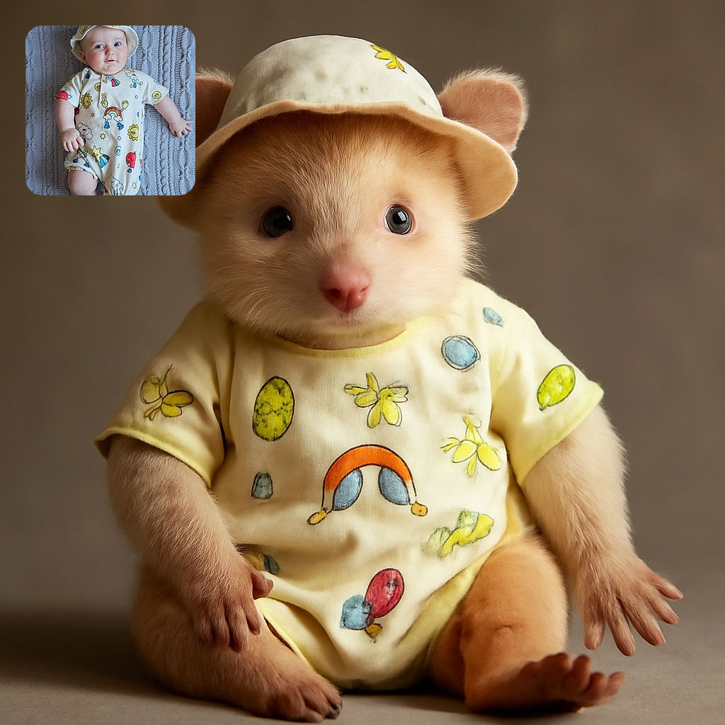 A chubby-cheeked baby lies on a knitted blanket, wearing a whimsical outfit covered in smiling suns, rainbows, and stars, topped with a matching sun-patterned bucket hat. The baby gazes curiously at the camera with bright eyes and a gentle smile, radiating pure adorableness in a cozy, colorful setting.