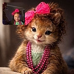 A cheerful young child wearing a bright pink bow and matching bead necklaces smiles warmly at the camera. The lighting creates a cozy ambiance, with a softly blurred adult figure partially visible on the left side and a framed photo hanging on the wall in the background.