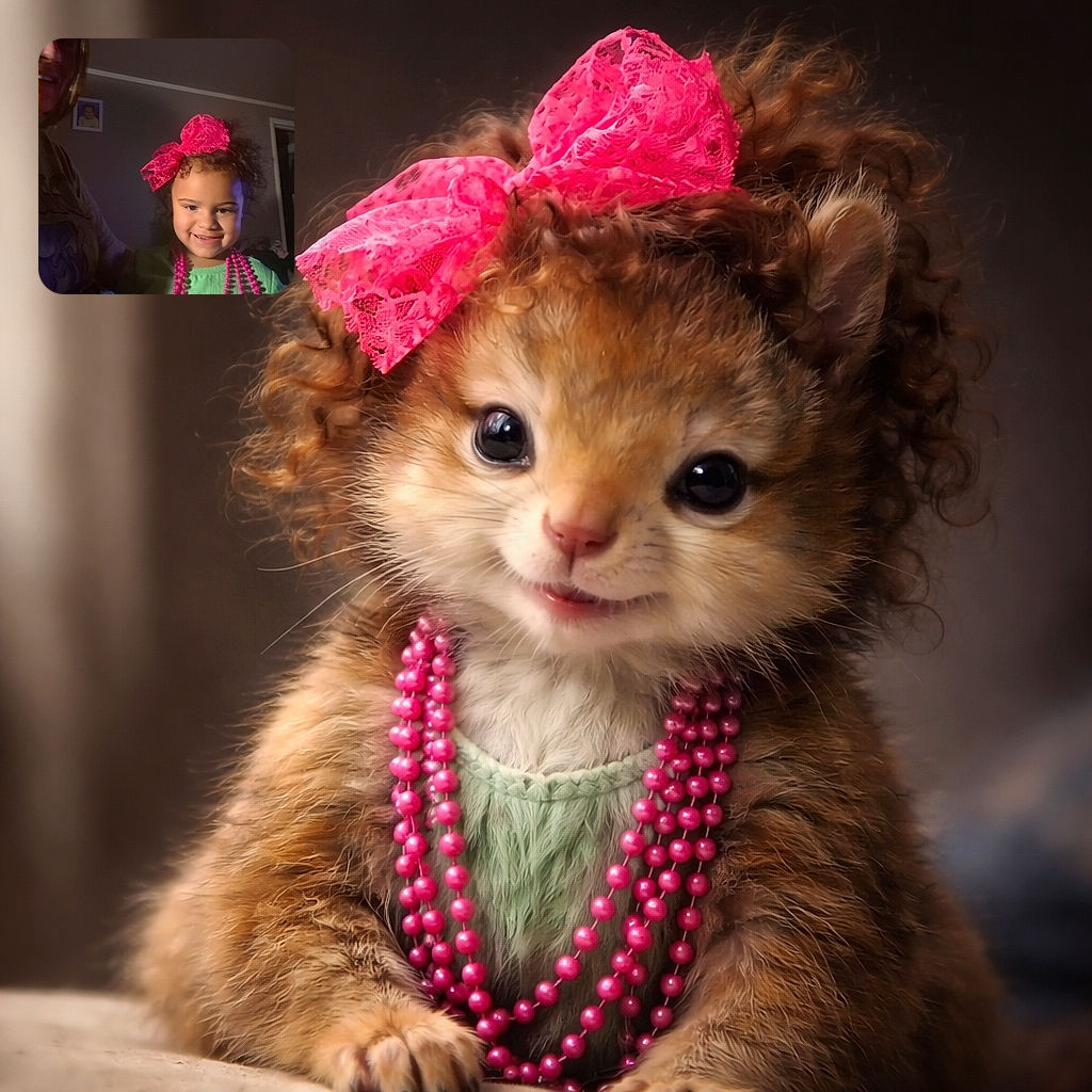 A cheerful young child wearing a bright pink bow and matching bead necklaces smiles warmly at the camera. The lighting creates a cozy ambiance, with a softly blurred adult figure partially visible on the left side and a framed photo hanging on the wall in the background.