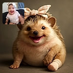 A joyful baby wearing a cute bow headband and pink socks is sitting on the floor, flashing a big smile with a slightly blurred effect that adds a sense of lively motion.
