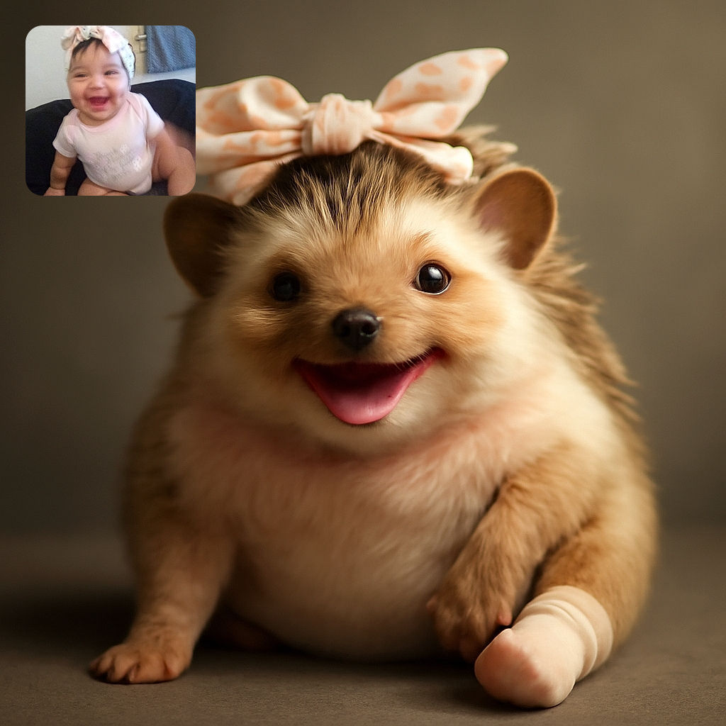 A joyful baby wearing a cute bow headband and pink socks is sitting on the floor, flashing a big smile with a slightly blurred effect that adds a sense of lively motion.