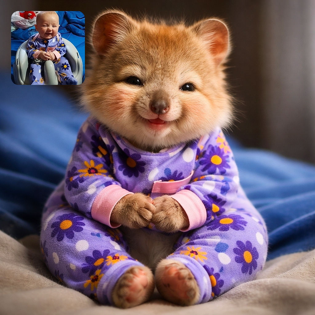 A giggling baby in a purple floral onesie is perched triumphantly in a gray infant seat on a rumpled blue bed — eyes squinting with joy like a tiny comedian. Behind them: a curtain-filtered window, a plastic bag with a red stuffed toy peeking out, and cozy bedroom clutter that adds homey charm.