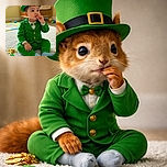 A tiny leprechaun-in-training in a bright green suit and top hat is thoughtfully snacking while guarding a small pile of shiny (probably chocolate) coins — clearly negotiating snack-time economics in the nursery.